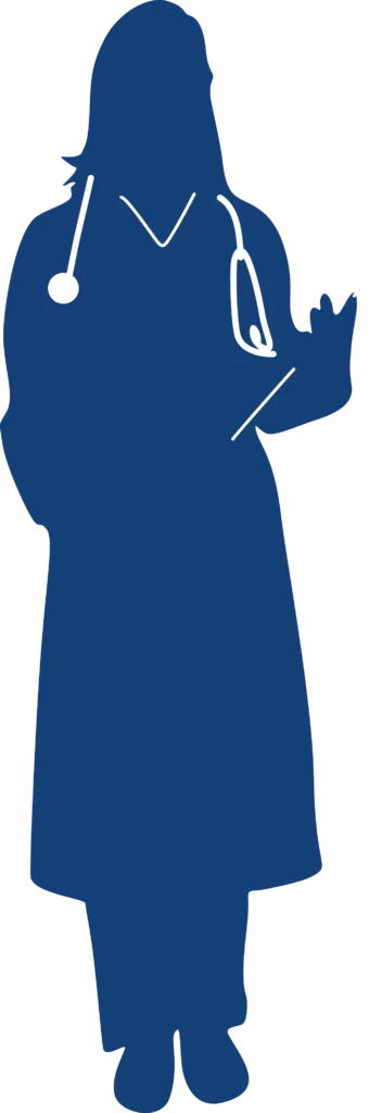 La silhouette stilizzata di una dottoressa, con camice e stetoscopio, rappresenta la connessione tra la salute e il tennis, enfatizzando l'importanza della prevenzione e del benessere fisico nell'ambito dello sport.
